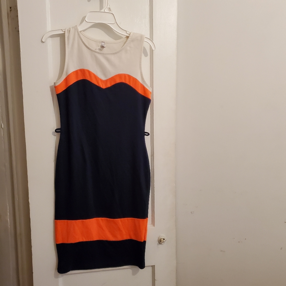 Multi-Colored White, Orange and Navy Blue Dress